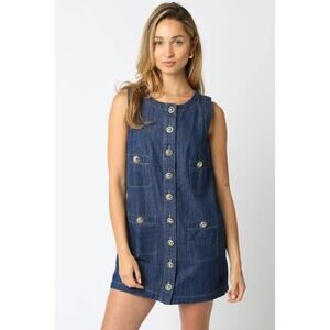 Olivaceous Sleeveless Denim Mini Dress Women's M Dark Wash Button Up Shift Dress